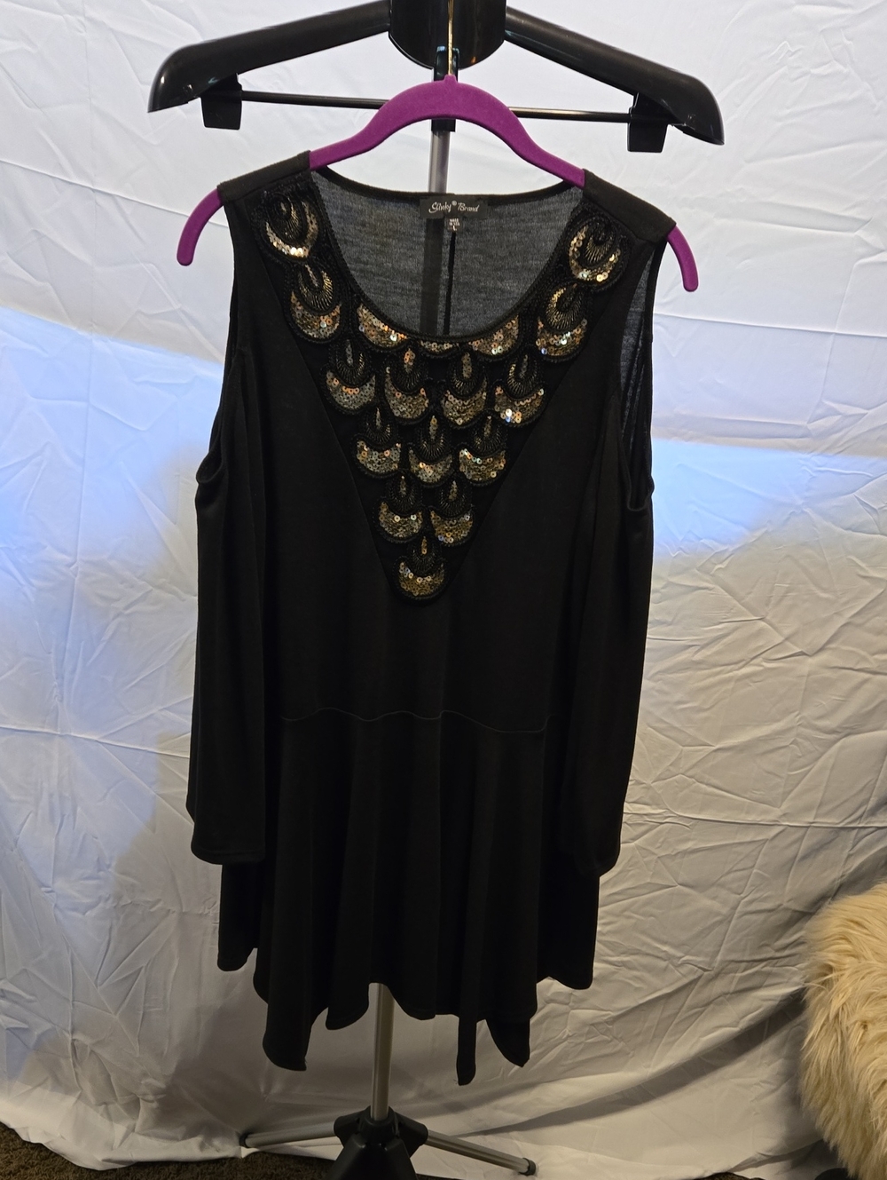 Slinky Brand Cold Shoulder Sequin Accent Top